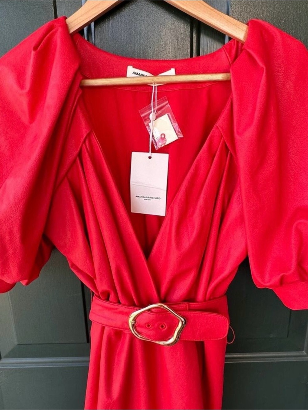 Amanda Uprichard Vibrant Red Puff-Sleeve V-Neck Dress with Gold Buckle Belt